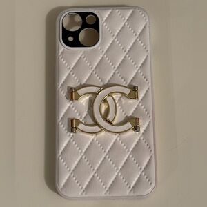White Quilted Faux Leather Phone Case with Gold Logo Accent, iPhone 14